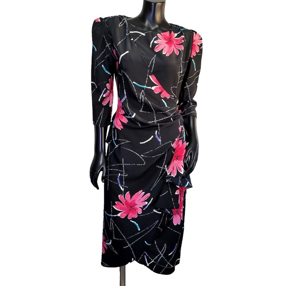 Vintage 80s Orite Womens S Black Pink Floral Peplum Wrap Sheath Dress Career Cas